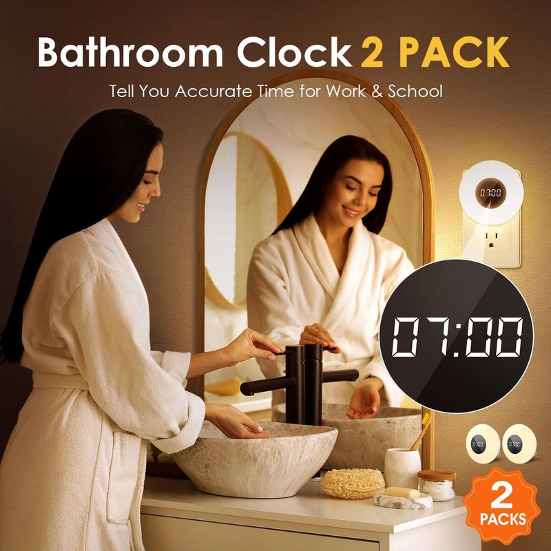 Onefire 【2 Pack】 Bathroom Clock,10 Levels Dimmable+3 Light Colors+Remote Shower Clock+Bathroom Shower Timer, 90 Lumen Shower Lights, Aora Night Light, Small Clock Plug in Timer, Dimmable Night Light - Image 2